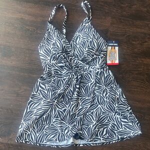 Lands' End Black and White Leaf Print Swimsuit